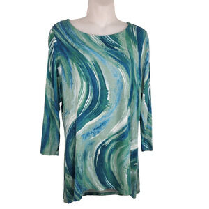 Belle By Kim Gravel Womens Abstract 3/4 Sleeve Knit Top Small Peacock A380207